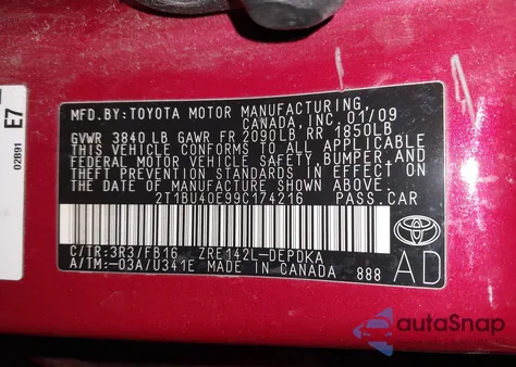 2009 Toyota Corolla S/Le/Xle z USA, uszkodzony, nr VIN 2T1BU40E99C174216